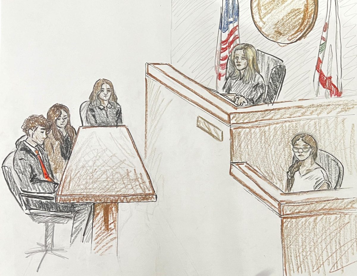 The above drawing by Natalie Harris, a junior, depicts Summervilles Mock Trial defense team. From left to right the people depicted are: West Dyer (junior), Ellery Stewart (senior), Ave Carrillo (junior), Judge Kreig, and Leila Stuart (senior). This artwork won the county Mock Trial courtroom artist competition. 